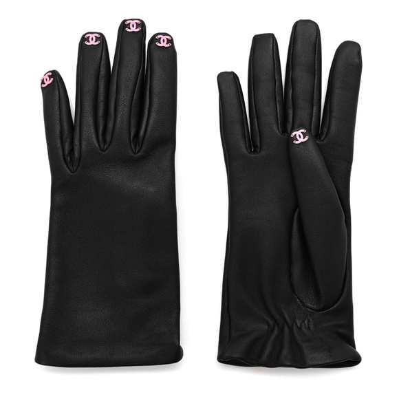 CHANEL Accessories - CHANEL CC Black leather Gloves with Pink Details
